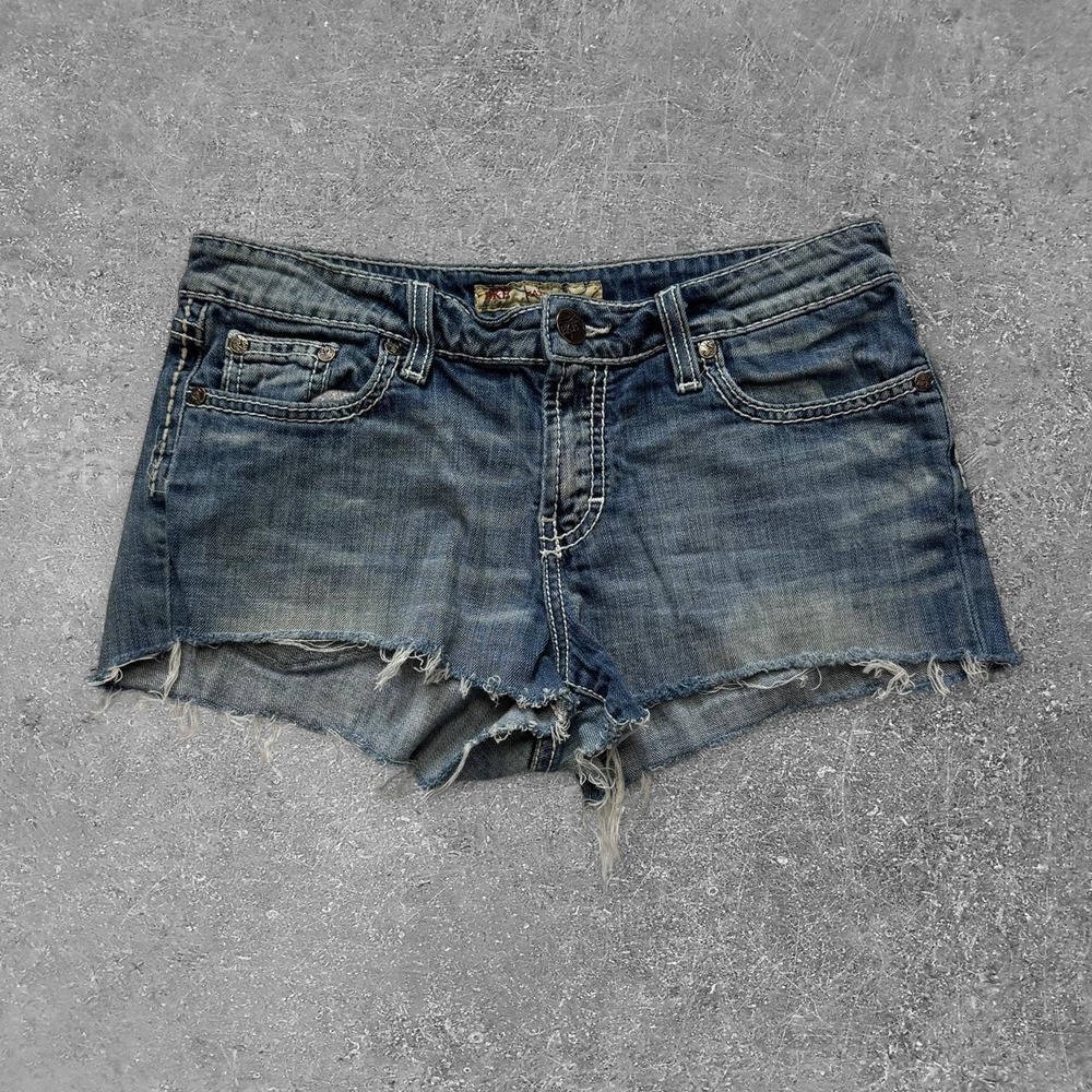 BKE Kate Blue Denim Mini Shorts Y2K Low Rise Cut Off Frayed Hem Size 28 BK16129